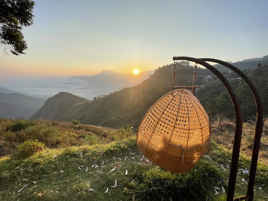 Rattan egg swing at mountain sunrise