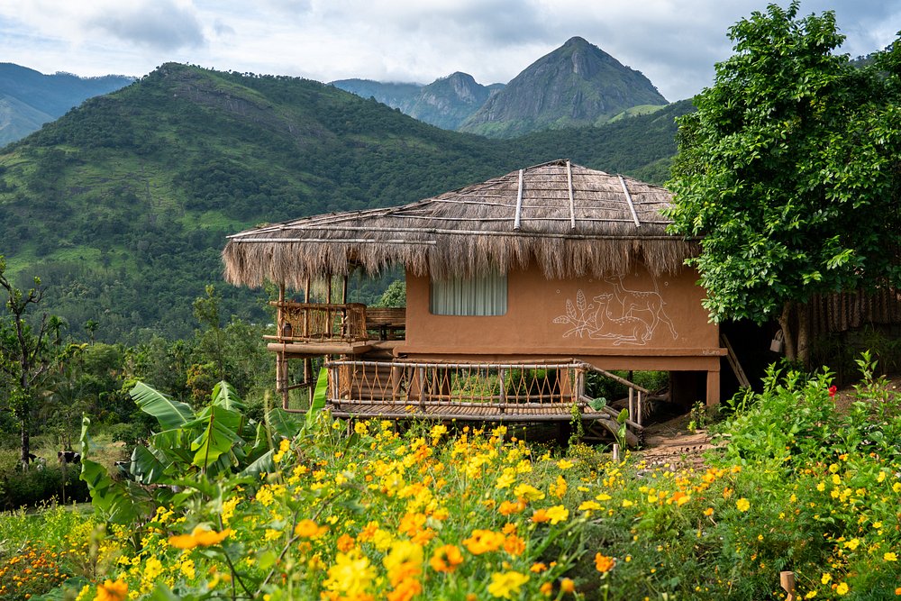 Mudhouse cottage with thatched roof and mountain views